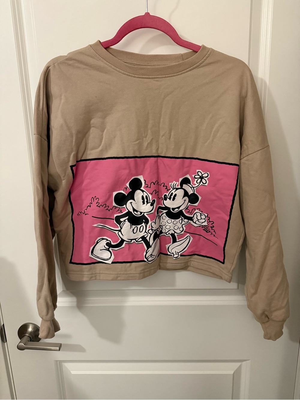 🍁 Disney Beige Cropped Sweater with Pink Mickey & Minnie Panel